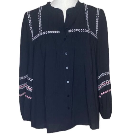 Grand & Greene Wm’s Sz Med Black Embroidered Bohemian Button Down Shirt Blouse - Picture 1 of 4